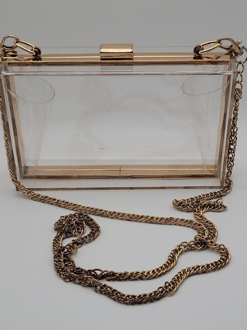 Clear box clutch, gold-tone chain detachable strap, clasp women, Concert Wedding